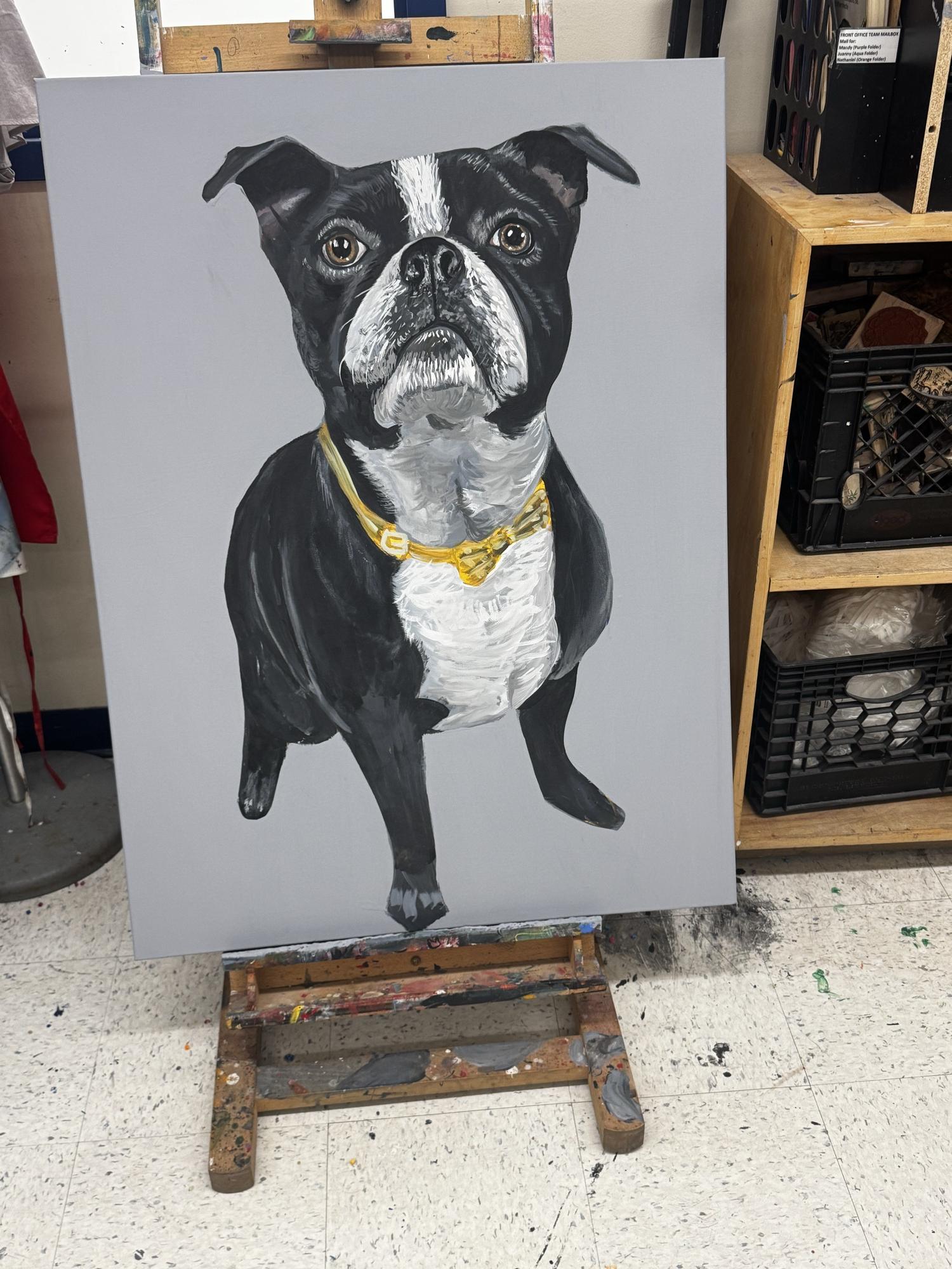 Commissioned pet portrait canvas of a bulldog with a gold chain