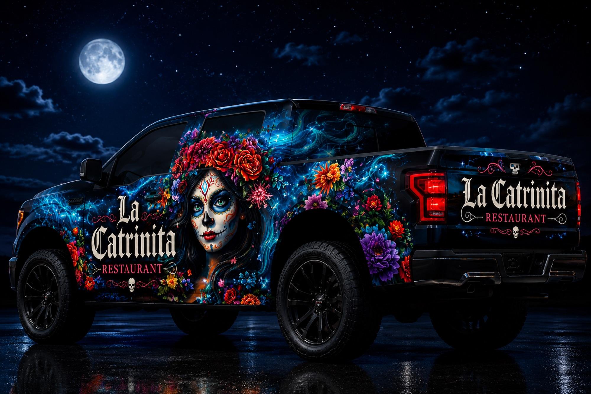 Vehicle wrap design for La Catrinita restaurant with a Catrina and flowers on a black pickup